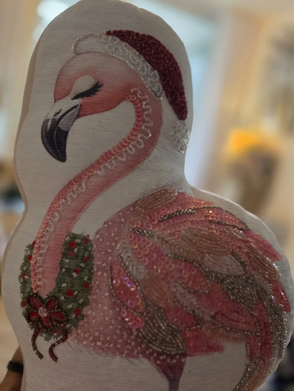 Festive Flamingo Holiday Accent Pillow in Pink and White